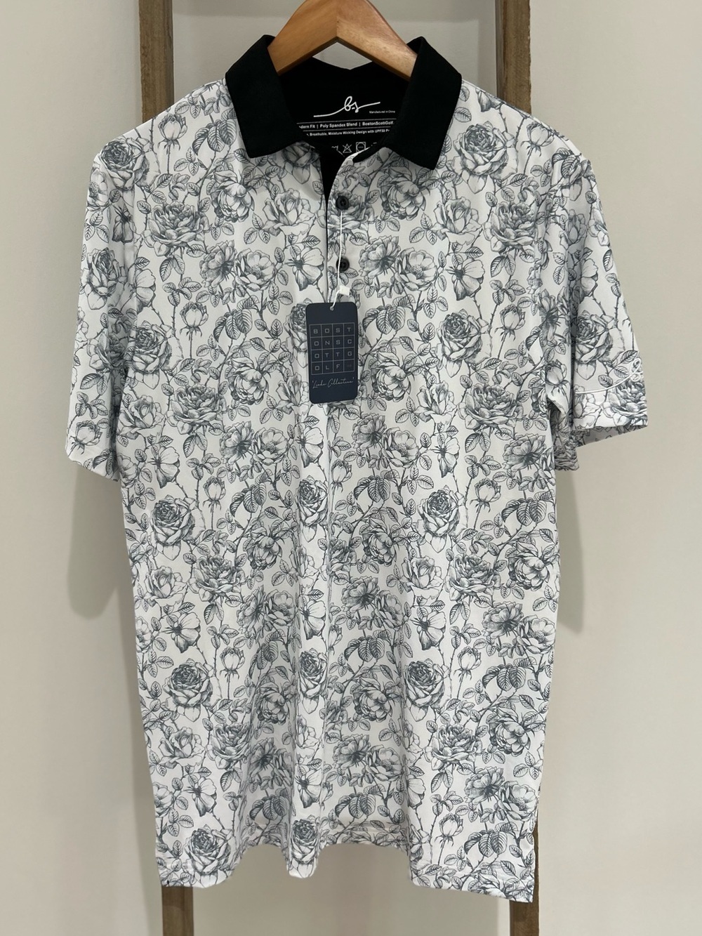 NWT Boston Scott Men’s Performance Golf Floral Black Polo Shirt Size S Classic